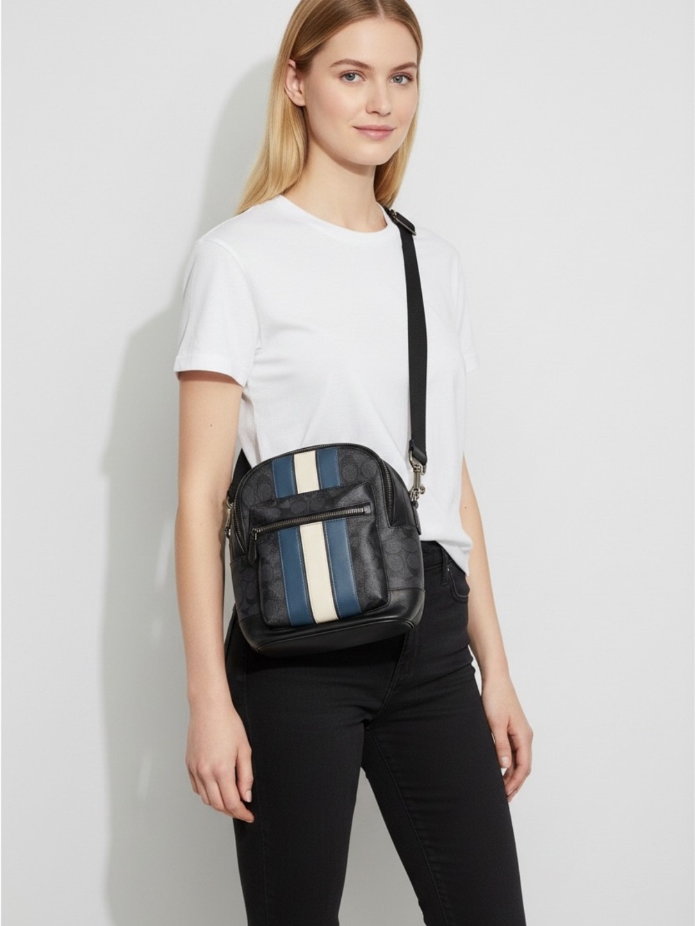 Coach Men’s Black Crossbody Backpack with Blue and Cream Racing Stripes